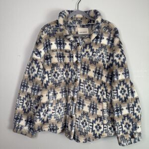 Lucky Brand Womens XL Sherpa Aztec Soft Cozy Fleece Faux Fur Jacket Blue Tan